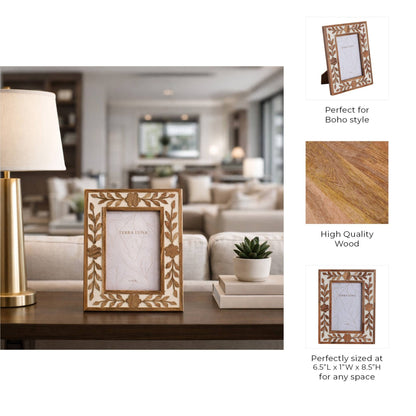 Carved petal photo frame in a white and brown wood finish