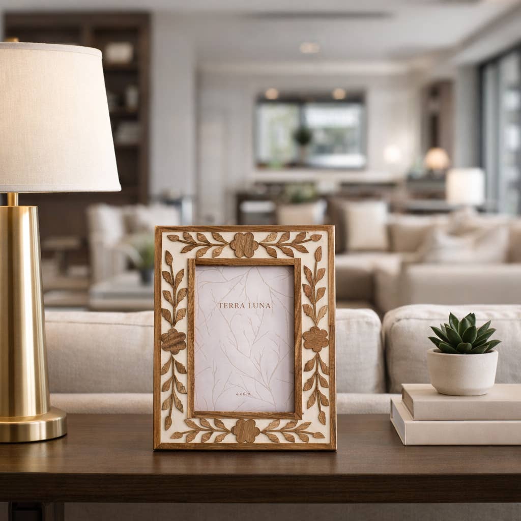 Wooden photo frame in white and brown with layered petal detailing