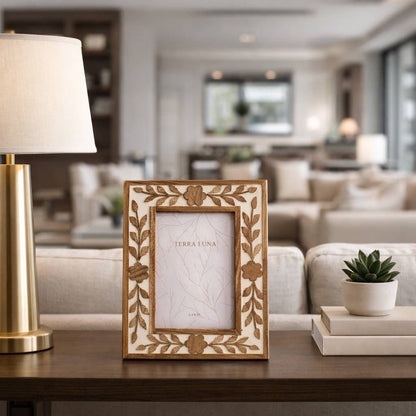 Wooden photo frame in white and brown with layered petal detailing
