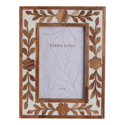 Wooden petal photo frame with a two-tone white and brown finish