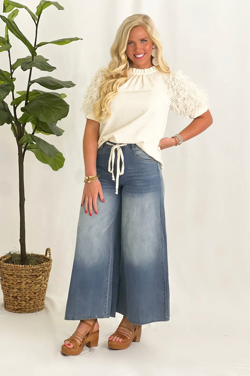 Light Denim Tie Waist Wide Leg Denim Pants