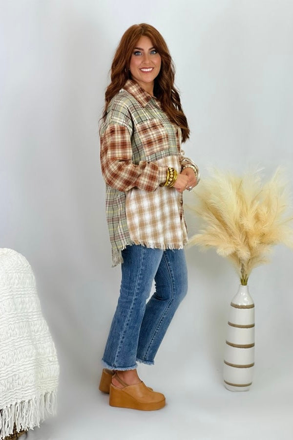 Sage and Rust Mixed Plaid Top