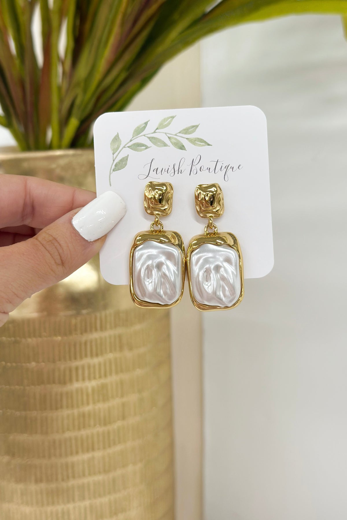 Gold-tone pearl stud earrings with white square drop charms