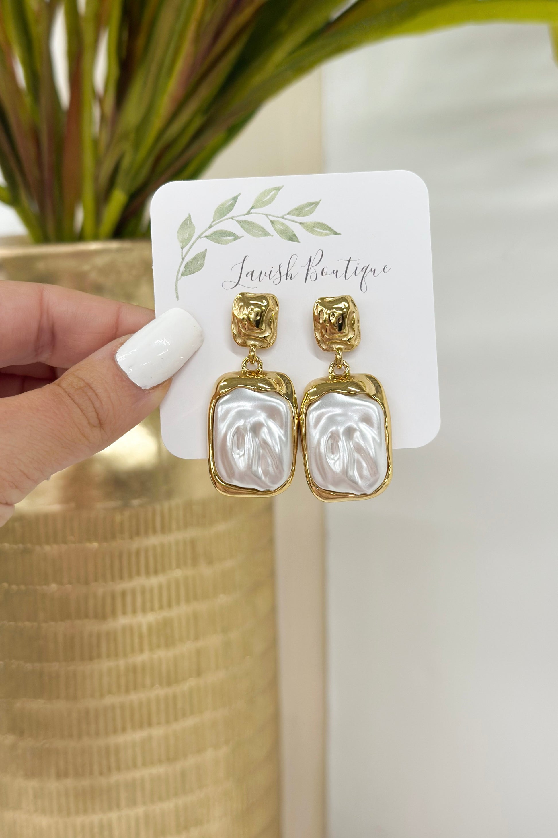Gold-tone pearl stud earrings with white square drop charms