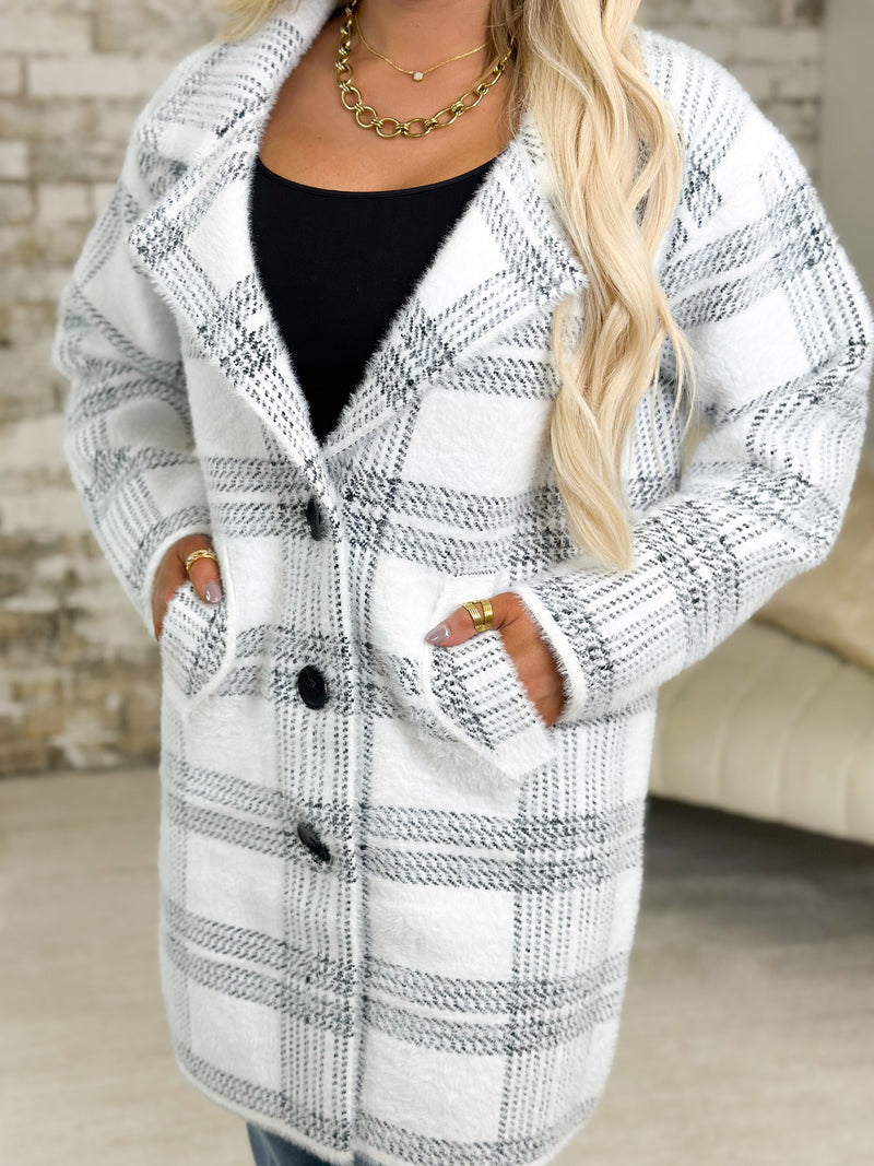 White and Black Long Coat With Pockets