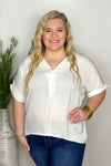 Cream V-Neck Cuff Short Sleeve Top