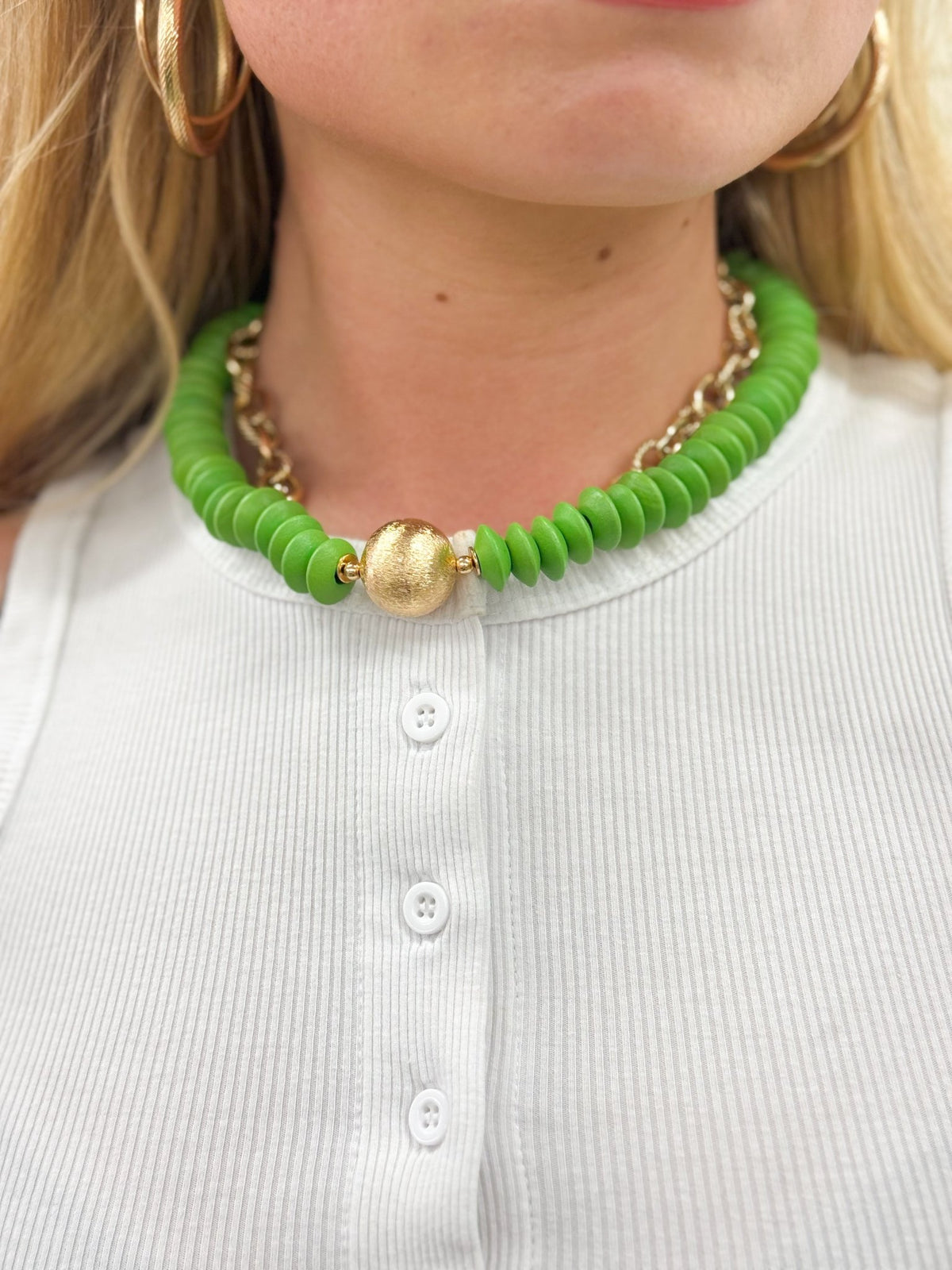 Single-strand green wood bead necklace
