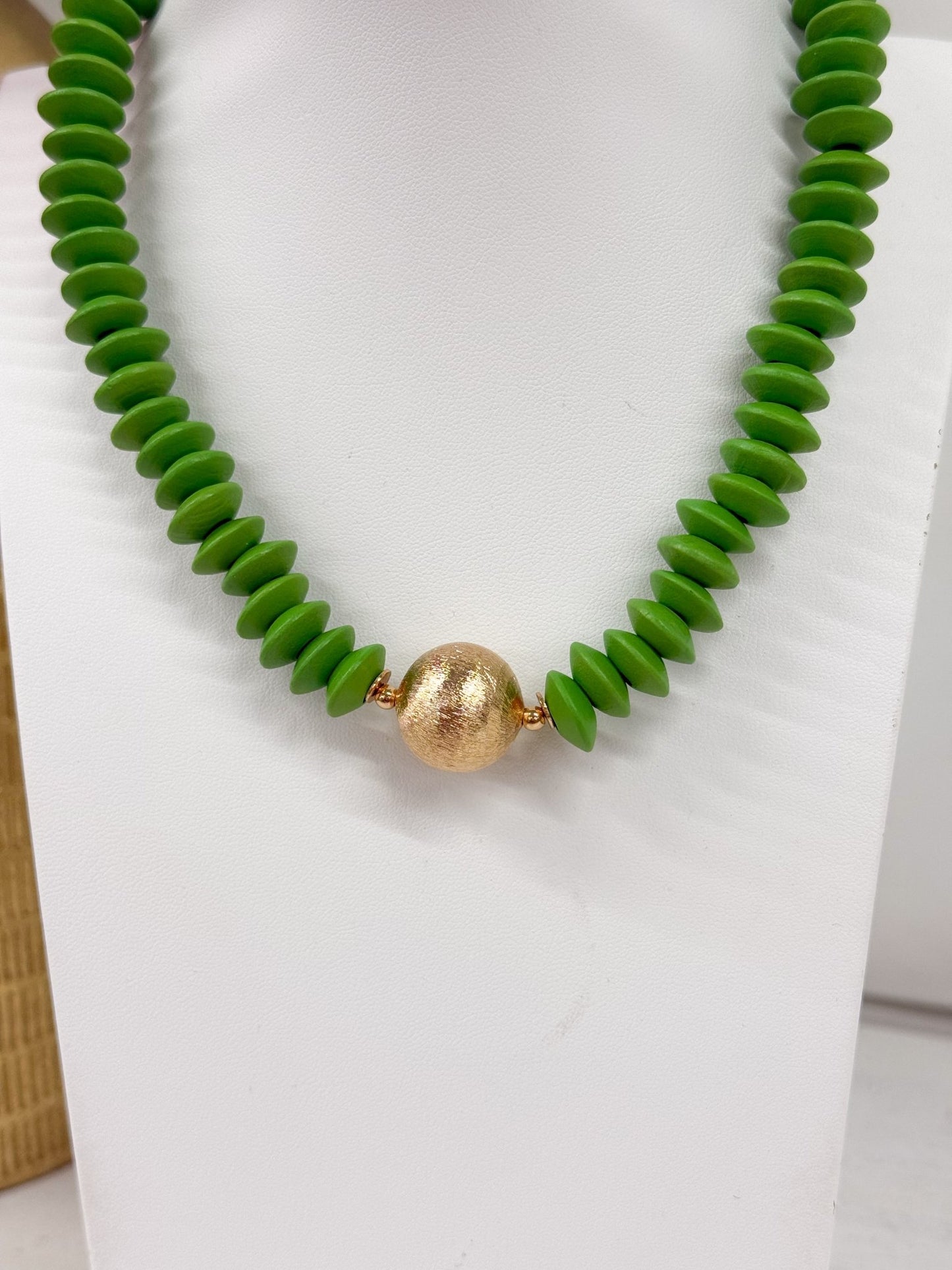Wood bead necklace in a deep green finish