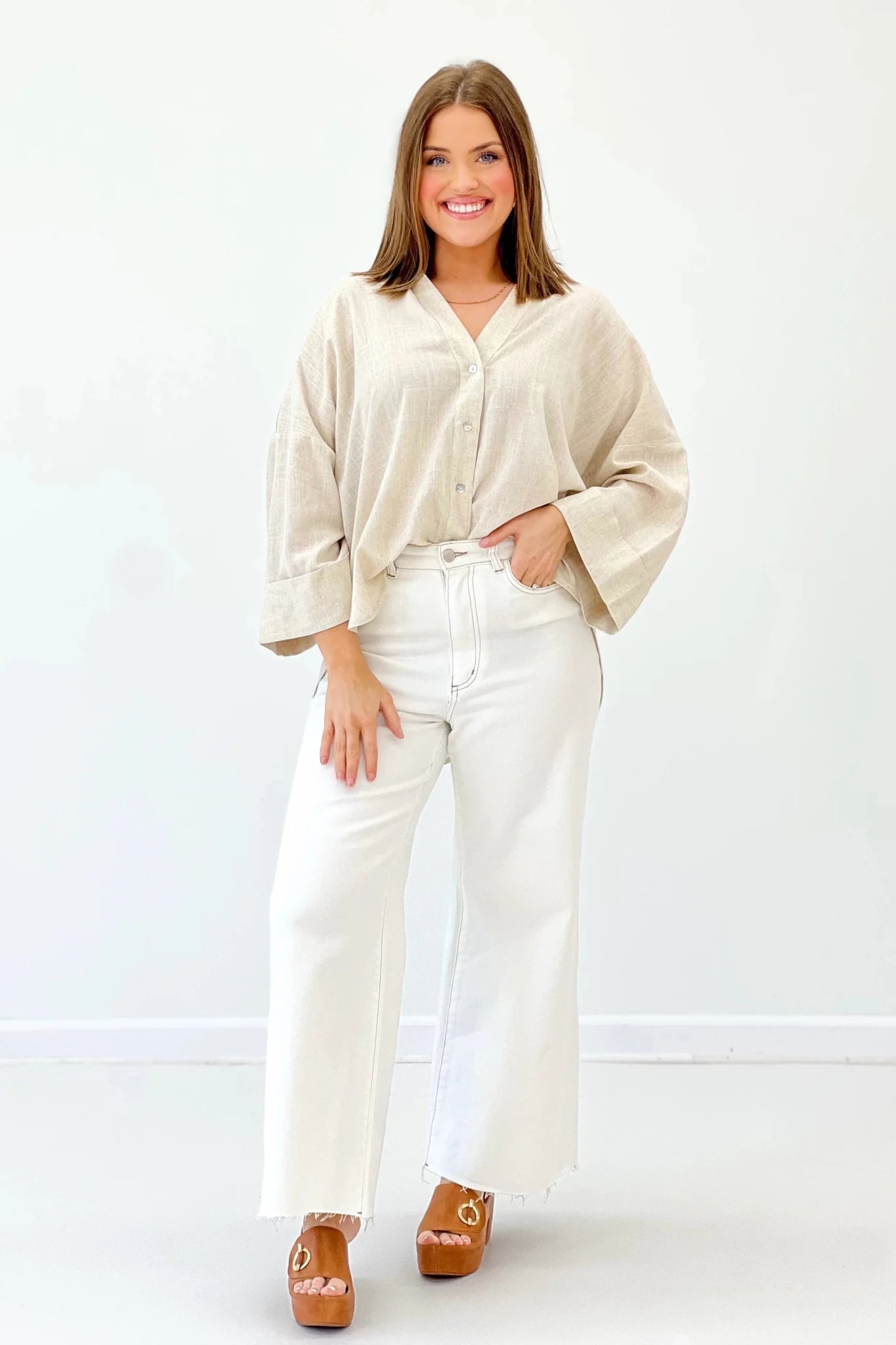 Woven Button Front Top - Lavish BoutiqueTops