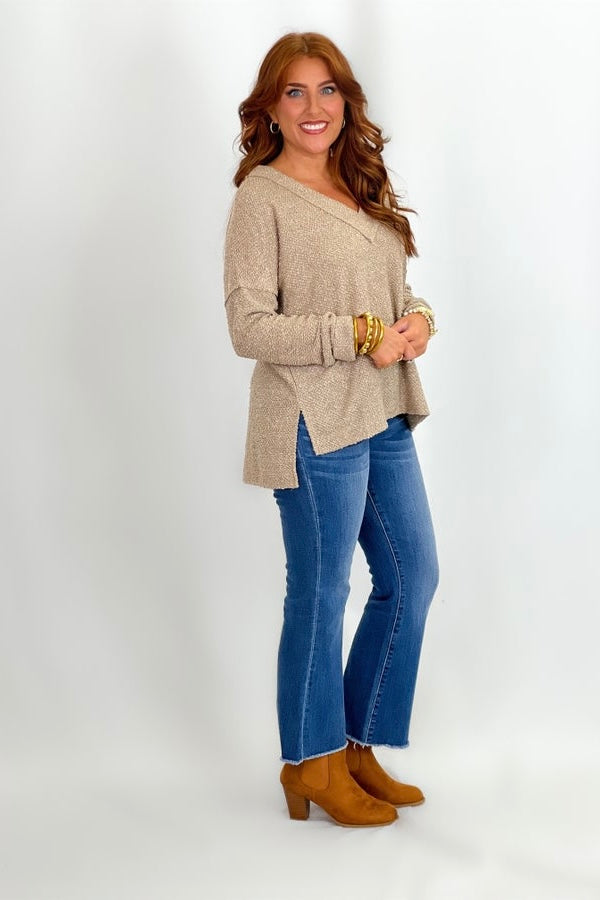 Tan Oversized V-Neck Rolled Sleeve Top