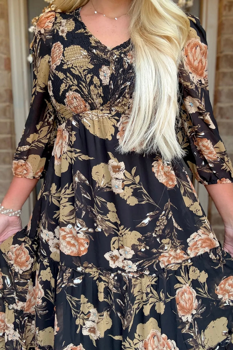 Black Floral Print Smocked Long Sleeve Dress