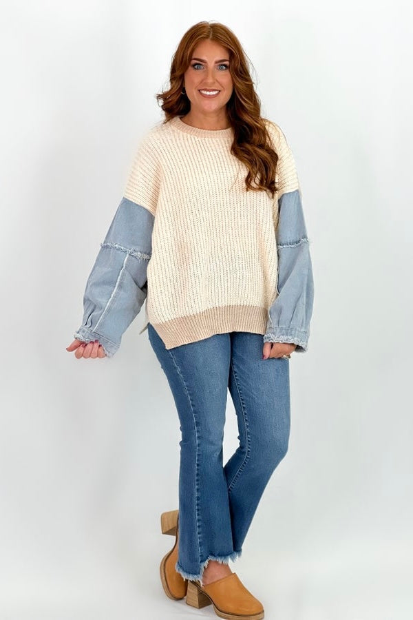 Ivory & Taupe Colorblock Denim Sweater