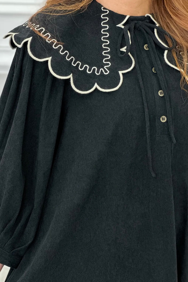 Black Embroidered Scallop Collar Dress