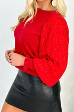 Red Foil Tinsel Long Sleeve Top