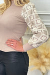 Light Mocha Diamond Lace Detail Puff Sleeve Top