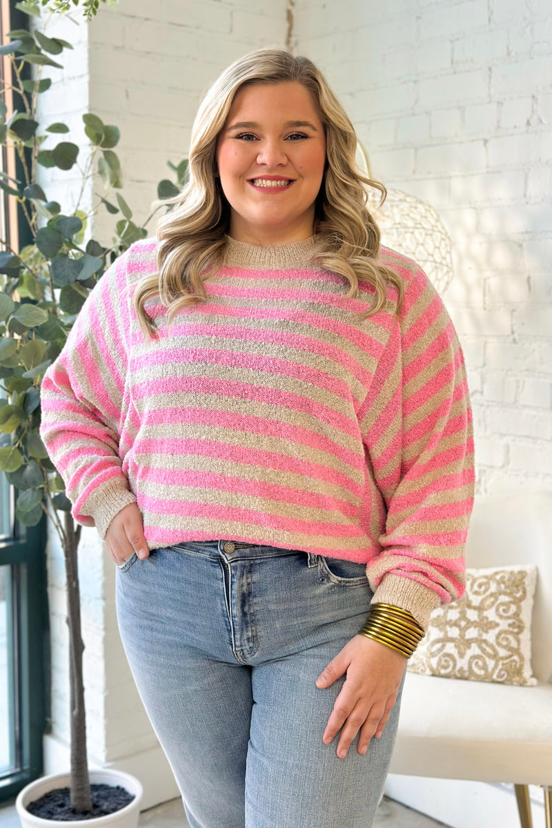 Punch and Oatmeal Striped Batwing Sleeve Sweater