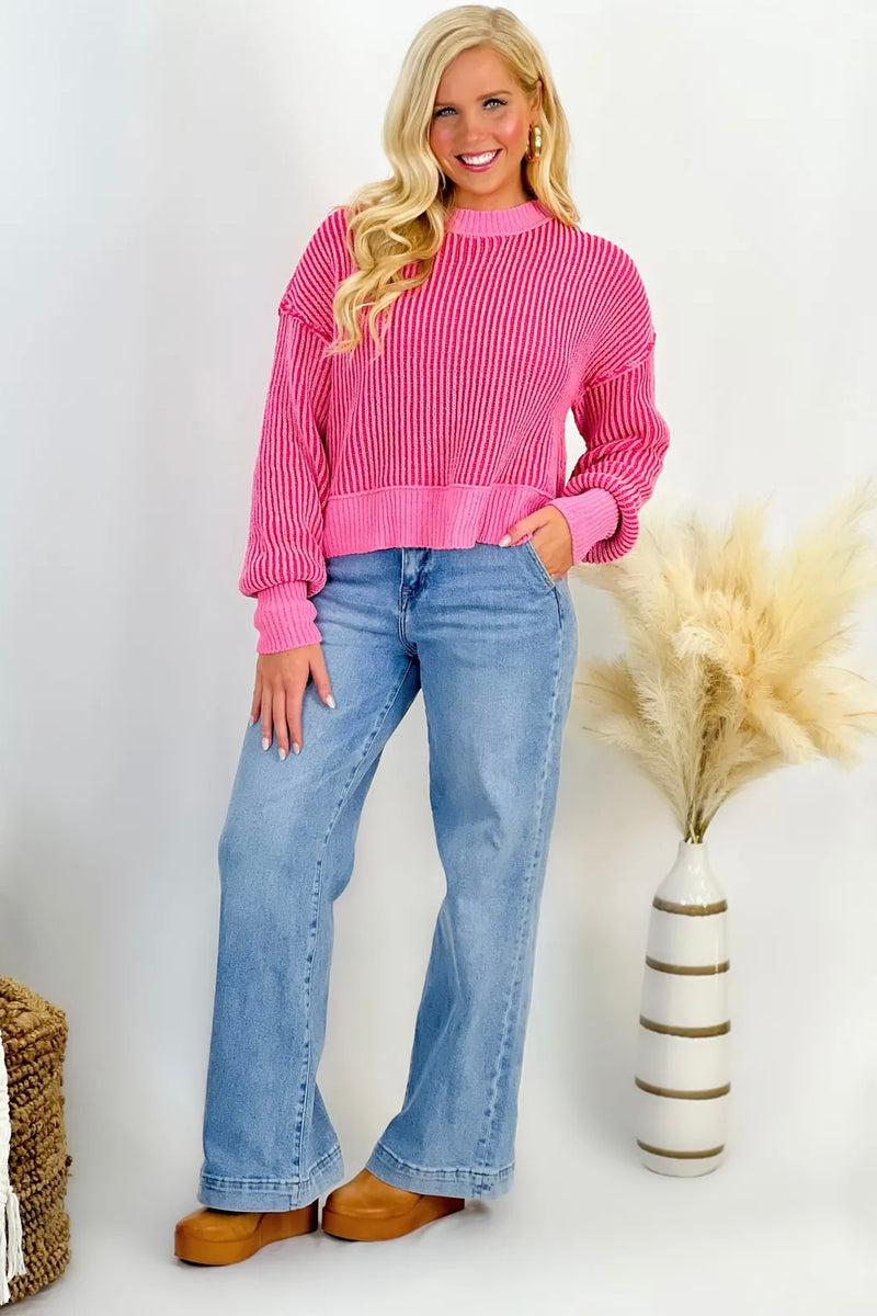 Pink Ribbed Contrast Knit Sweater