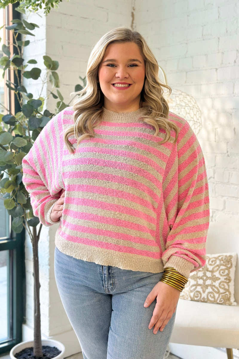 Punch and Oatmeal Striped Batwing Sleeve Sweater