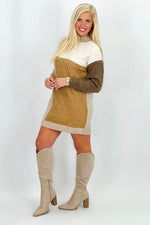 Taupe Color Block Crew Neck Sweater Dress