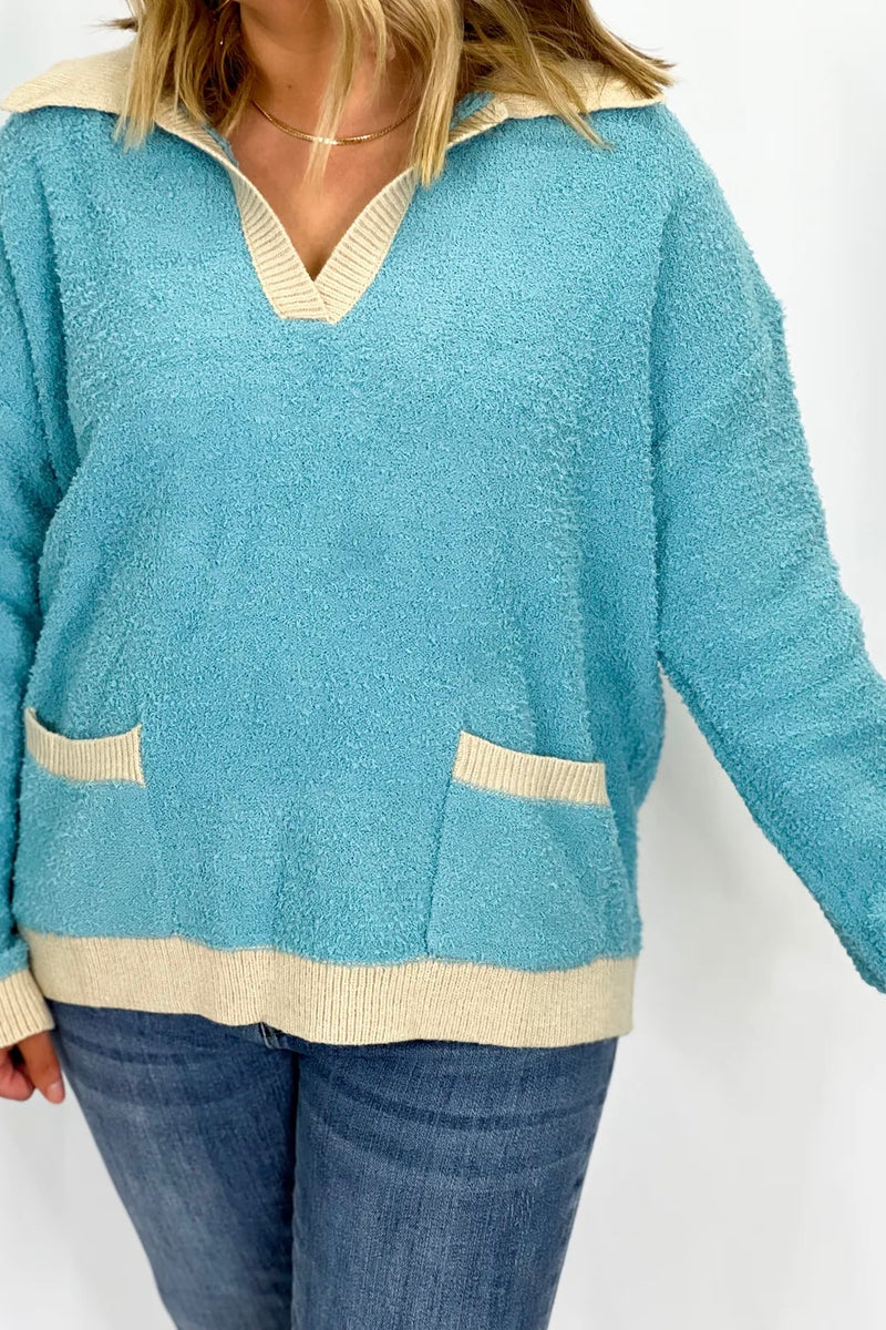 Tuscan Blue Long Sleeve Color Mix Sweater