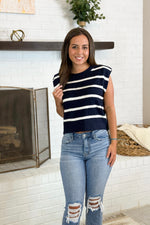 Navy and White Sleeveless Stripe Knit Top