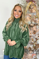 Olive Velvet Smocked High Neck Long Sleeve Top