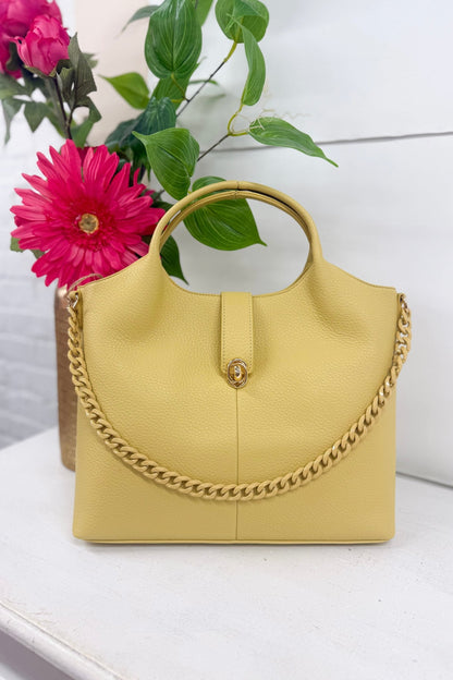 Yellow tote bag with chain handle detail