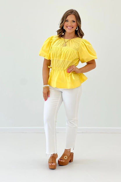 Yellow Short Puff Sleeve Drawstring Waist Top - Lavish Boutique Tops