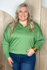 Sage Green Long Sleeve Collared V-Neck Pullover