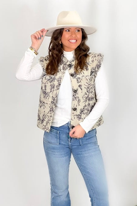 Taupe Multi Printed Floral Button Up Vest