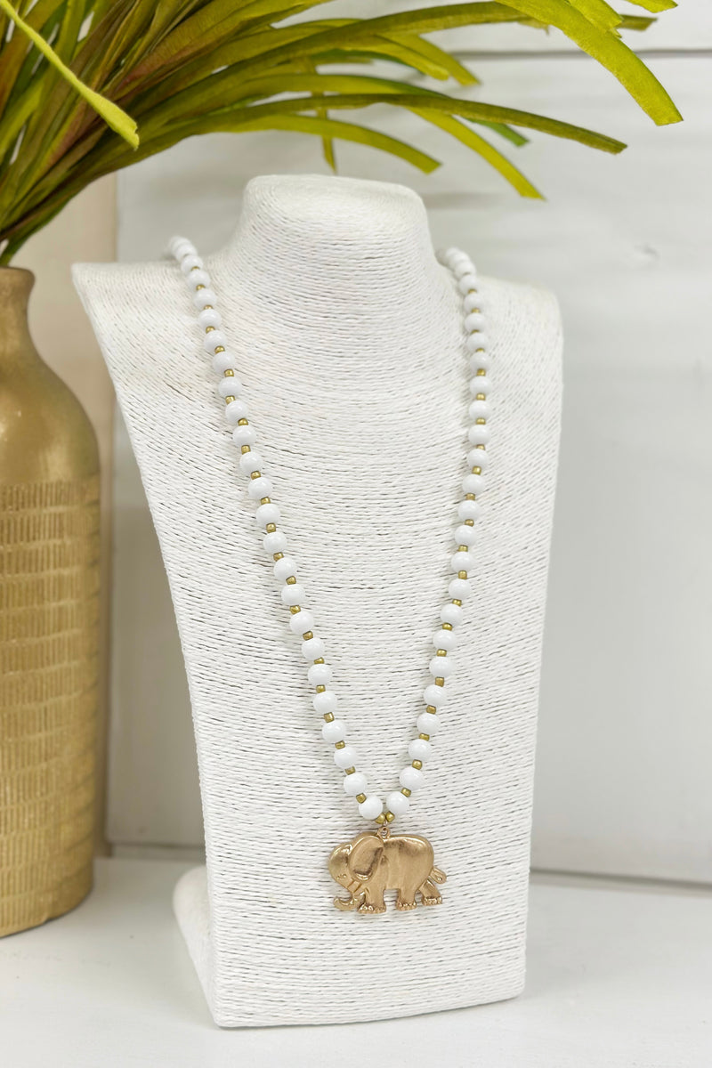 Long Wood Necklace with Elephant Pendant