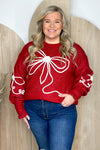 Cream and Red Long Sleeve Crew Neck Ribbon Sweater