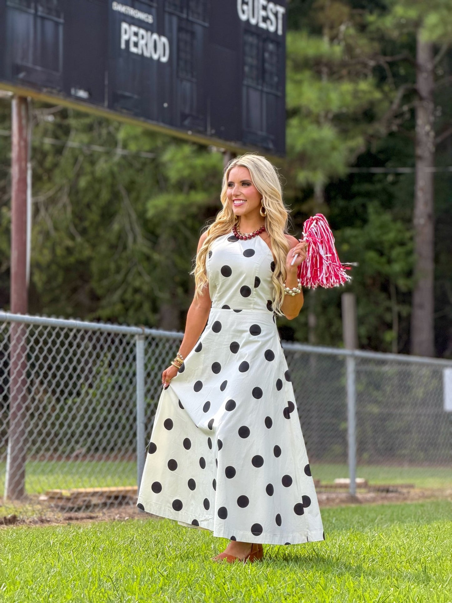 Polka dot midi dress in cream with black spots