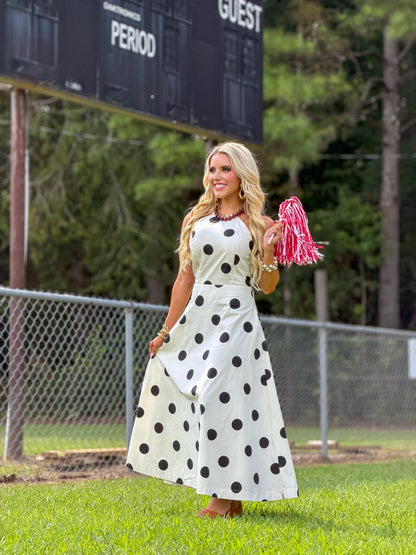 Polka dot midi dress in cream with black spots