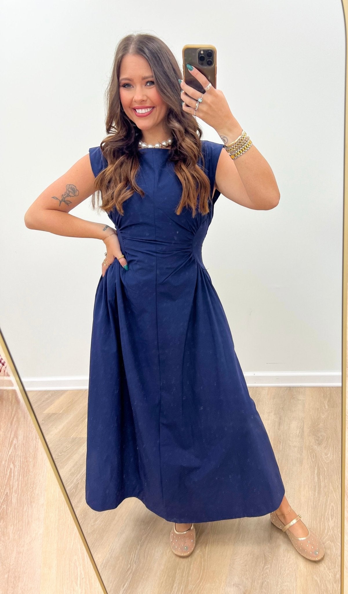 Panelled midi dress with a straight neckline