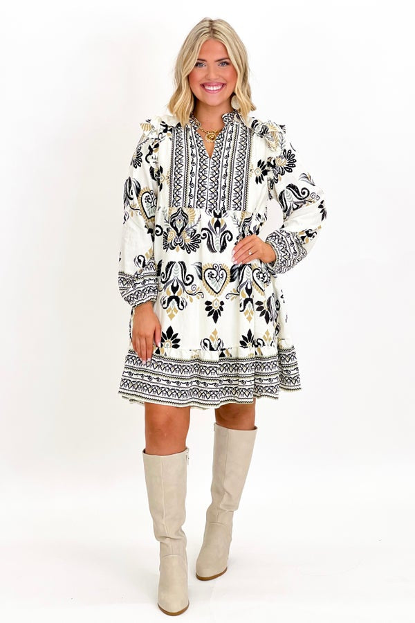 Black Tribal Border Print V-Neck Dress