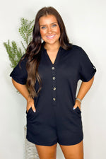 Black Solid Button Up Romper