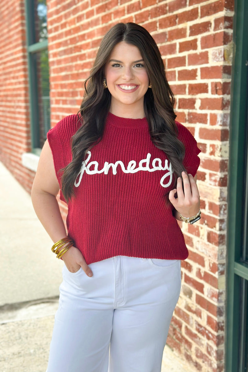 Burgundy Game Day Embroidered Sleeveless Sweater