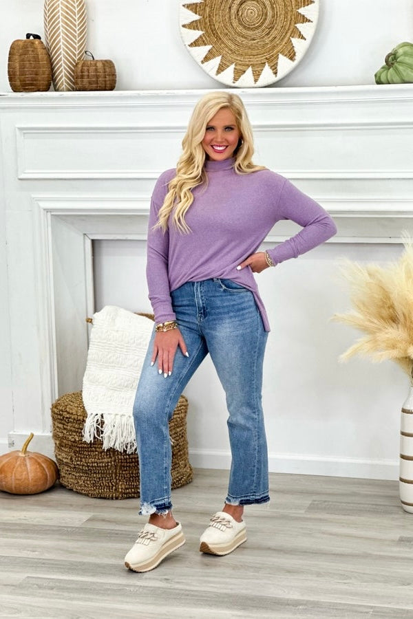 Grape Mock Neck Split Hem Top