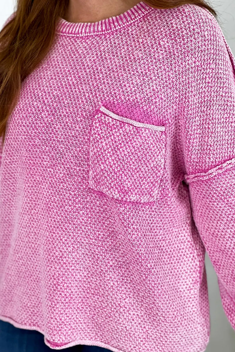 Pink Front Pocket Exposed Seam Sweater