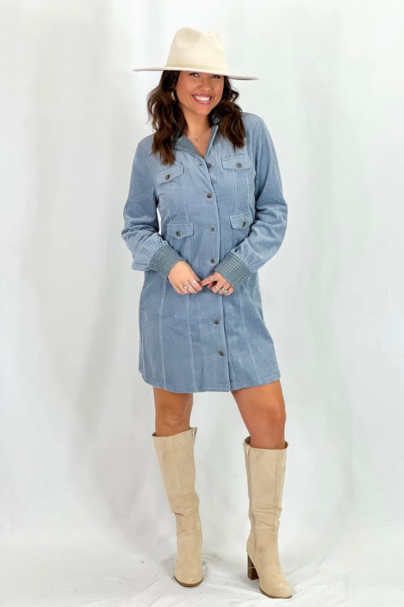 Denim Blue Corduroy Button Up Dress