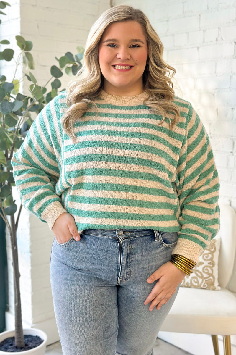 Jade and Taupe Striped Batwing Sleeve Sweater