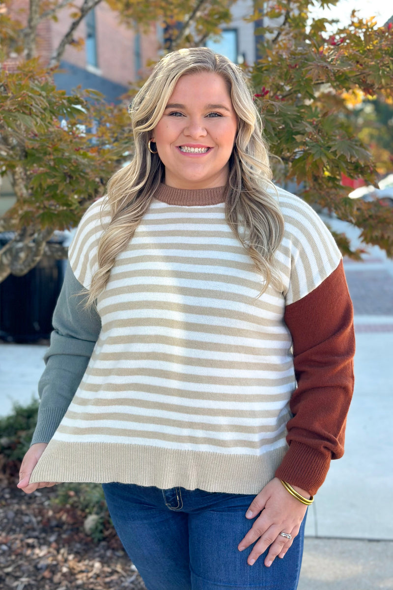 Taupe and White Color Block Stripe Sweater