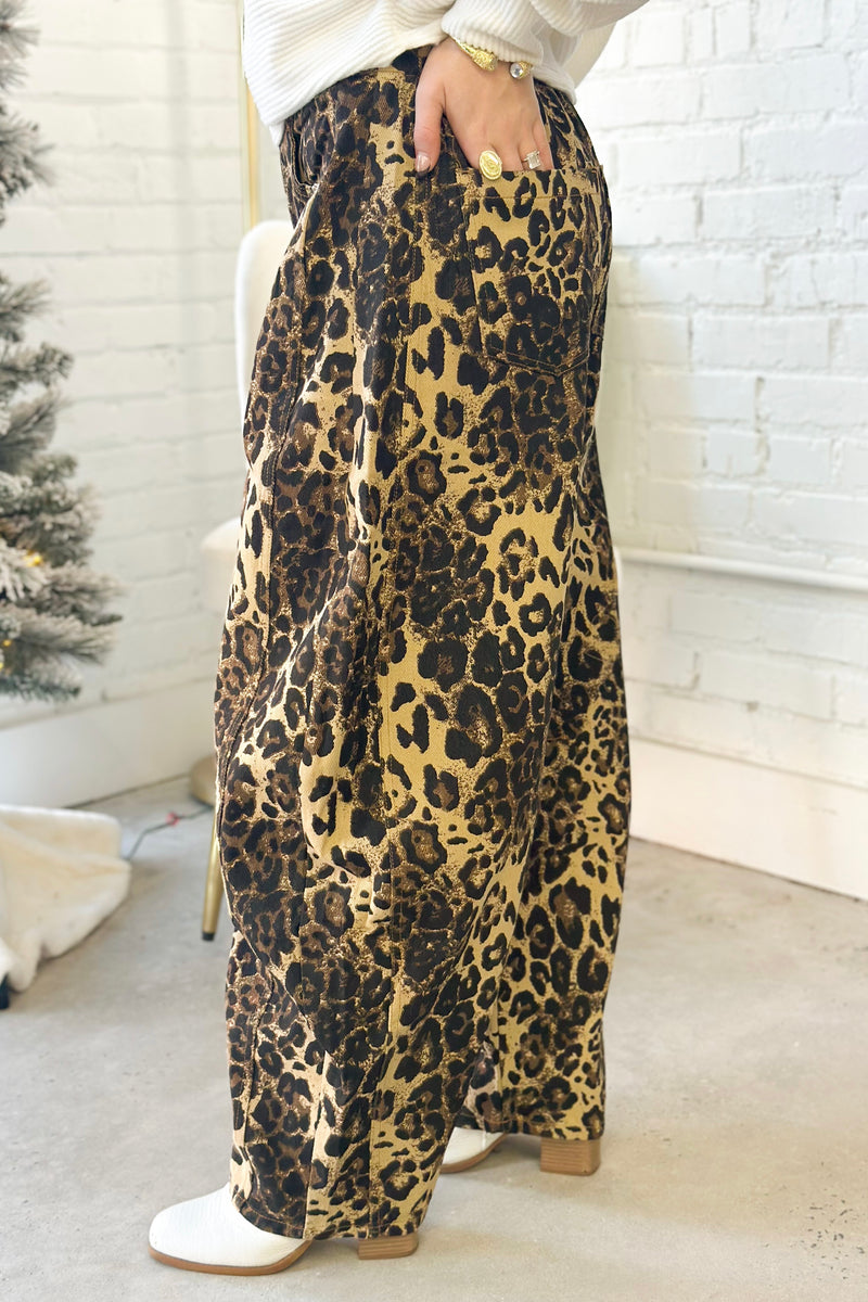 Brown Leopard Printed Barrel Jean