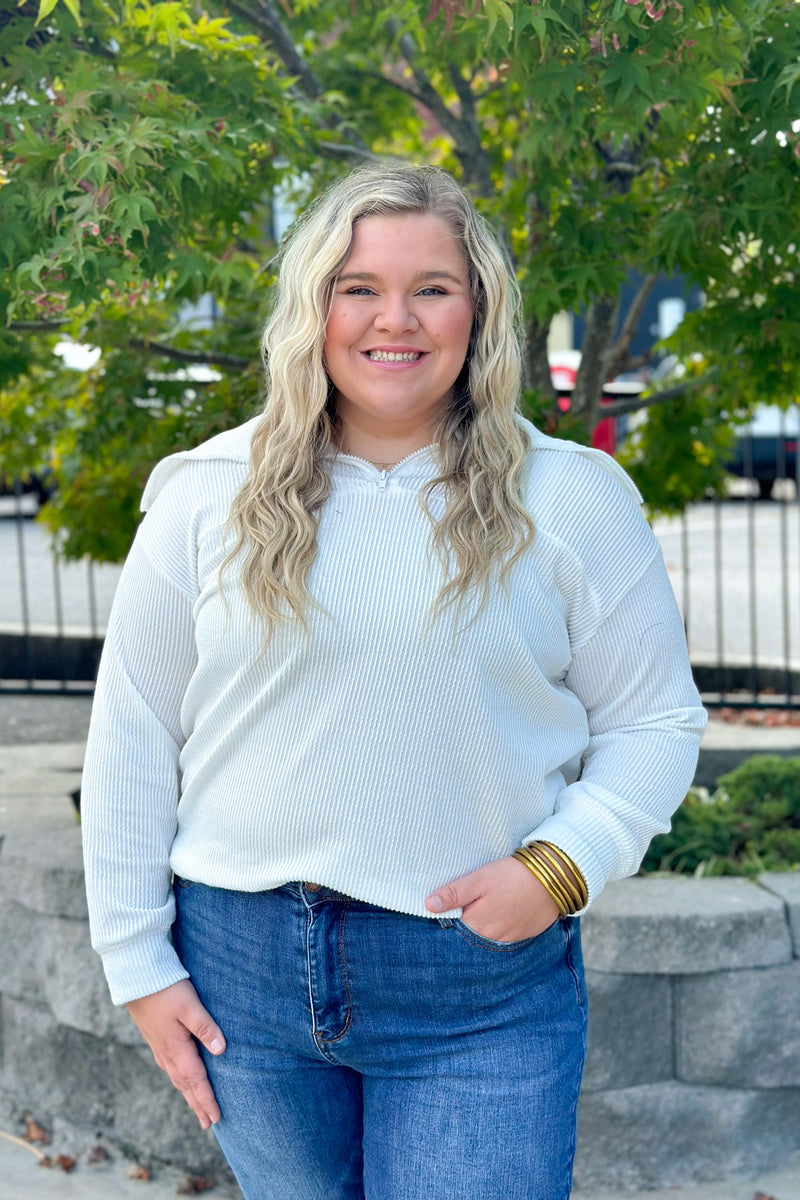 Cream Ribbed Collared Half Zip Pullover