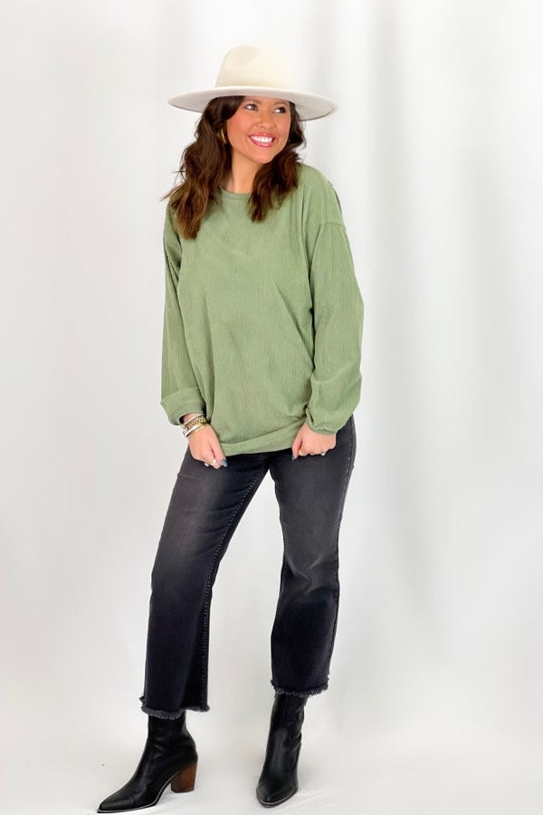 Green Ribbed Long Sleeve Pullover Top *Final Sale*