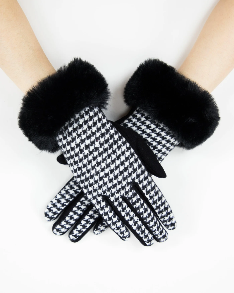Black Houndstooth Faux Fur Gloves