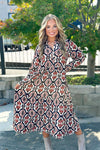 Rust Printed Button Up Long Sleeve Maxi Dress