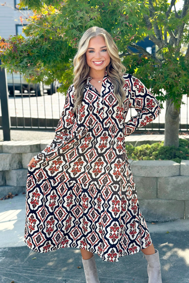 Rust Printed Button Up Long Sleeve Maxi Dress